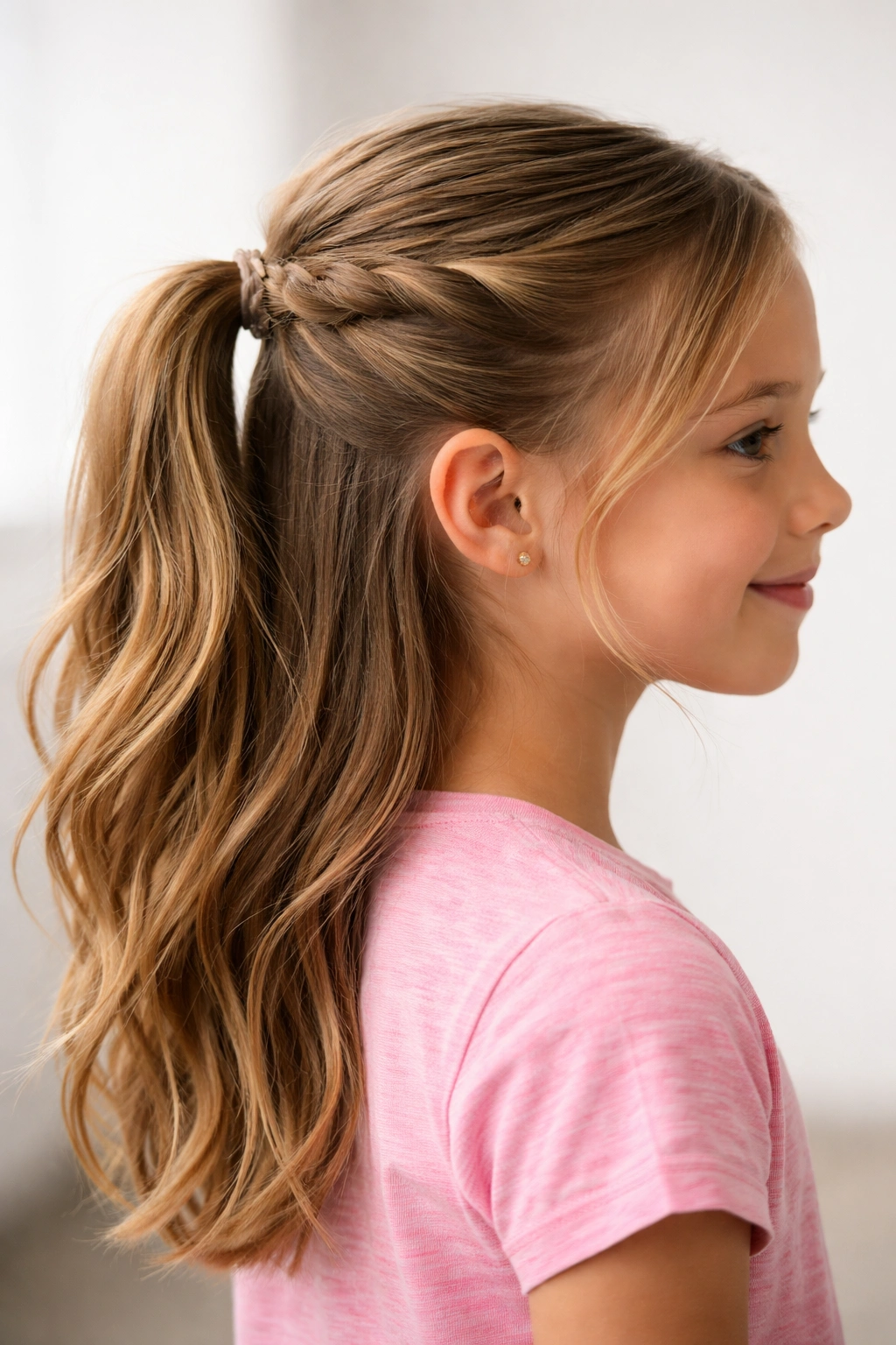 Half-up ponytail with twists at temples on a child.