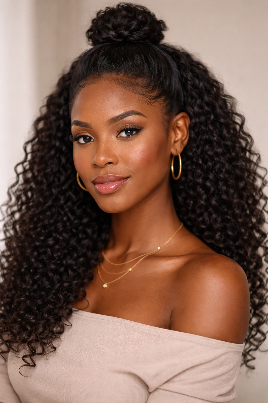 25 Natural Hairstyles Black Women Are Rocking Now 19 Close-up of a Black woman with a half-up protective hairstyle featuring a bun and loose curls