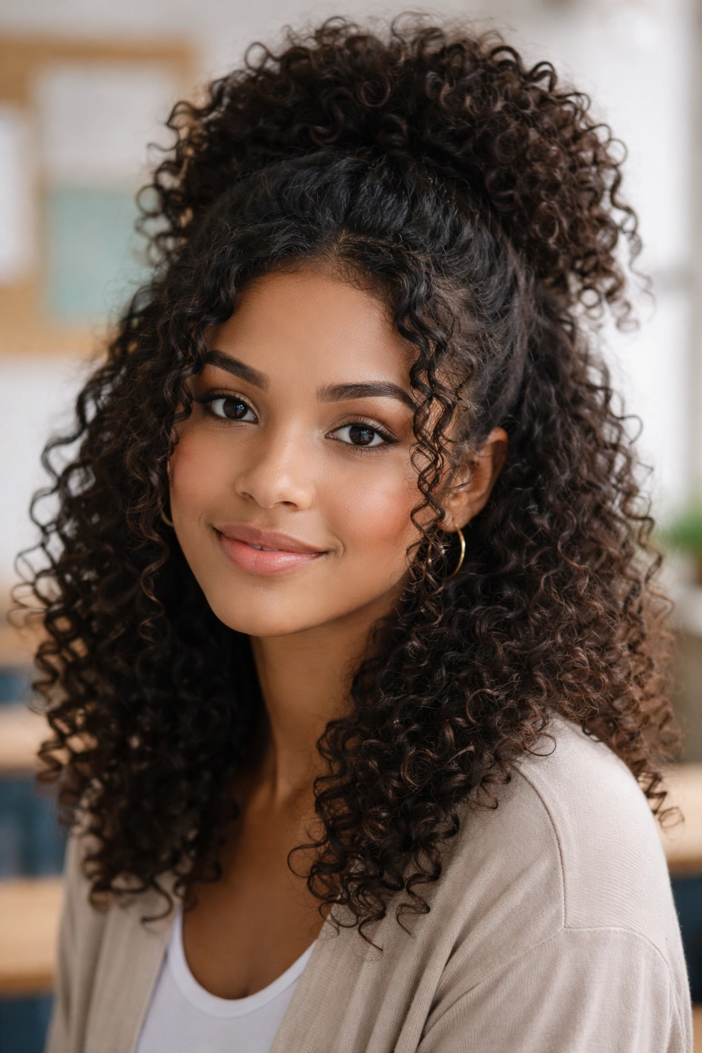 Half-up puff with face-framing curls showing crown volume