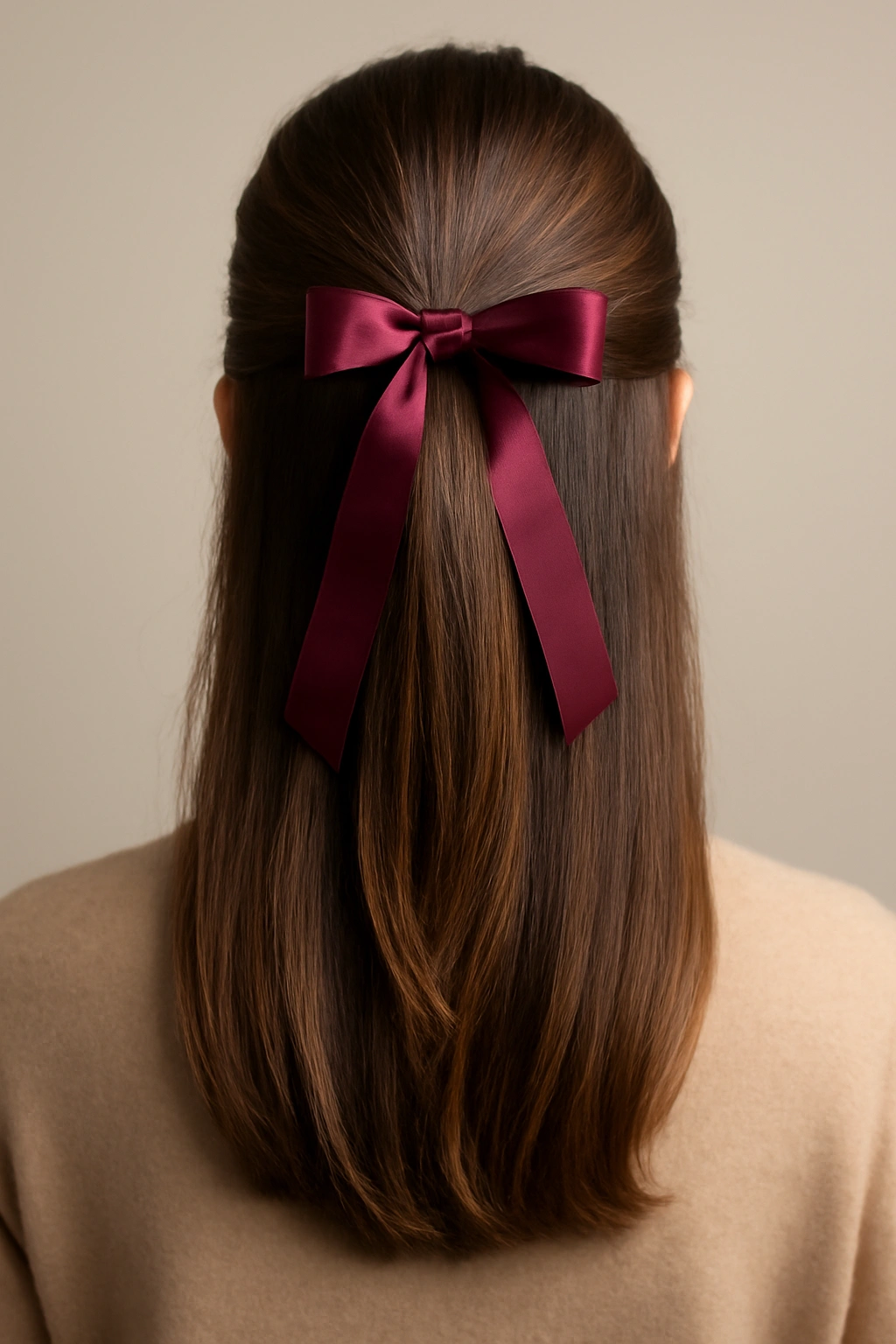 Half-up hairstyle with a slim ribbon accessory