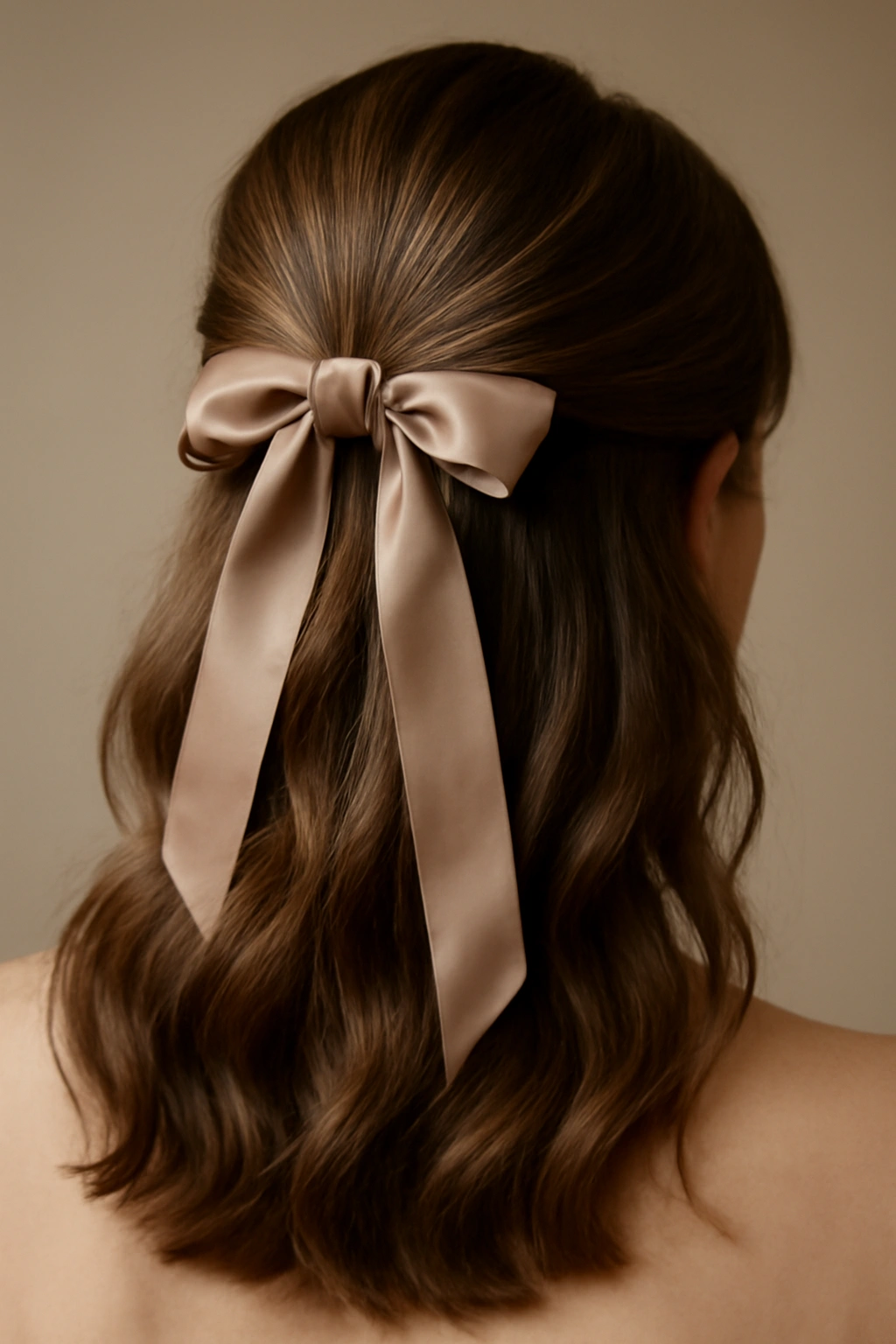 Close-up of half-up hairstyle with a silk ribbon woven through the gathered section