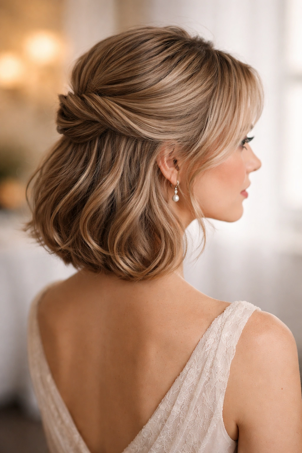 Hair styled in a soft half-up with volume on top and loose back for collar-length short hair