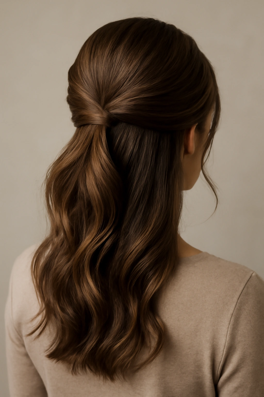 Back view of half-up hairstyle swept to the side