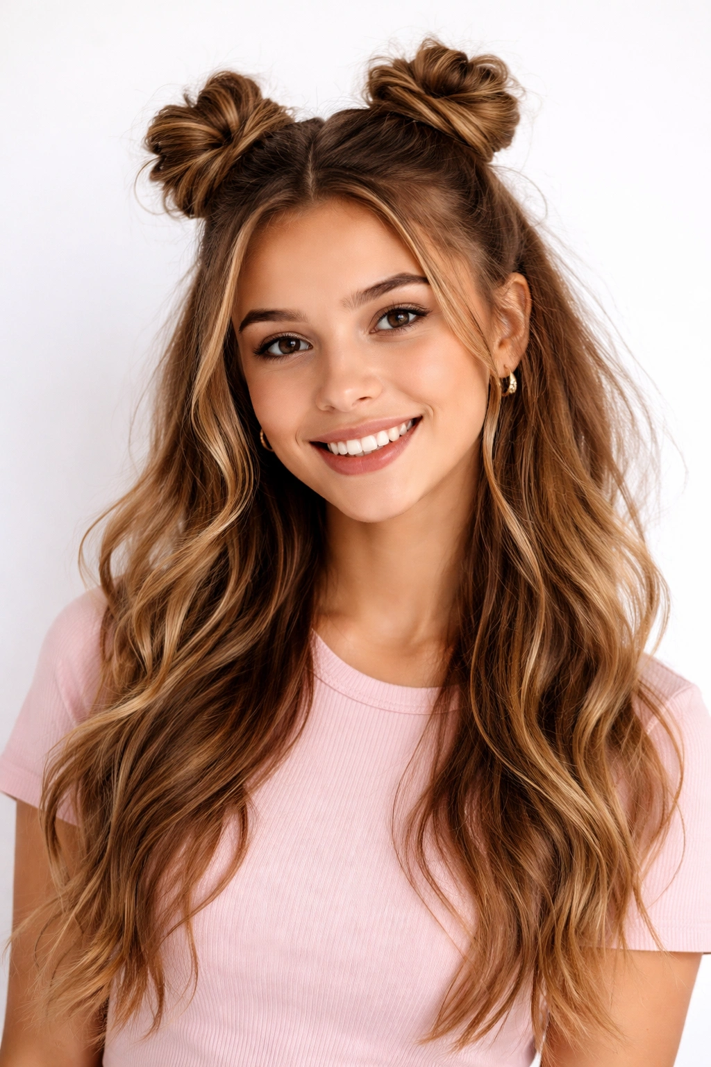 Medium shot of half-up space buns with flowing hair