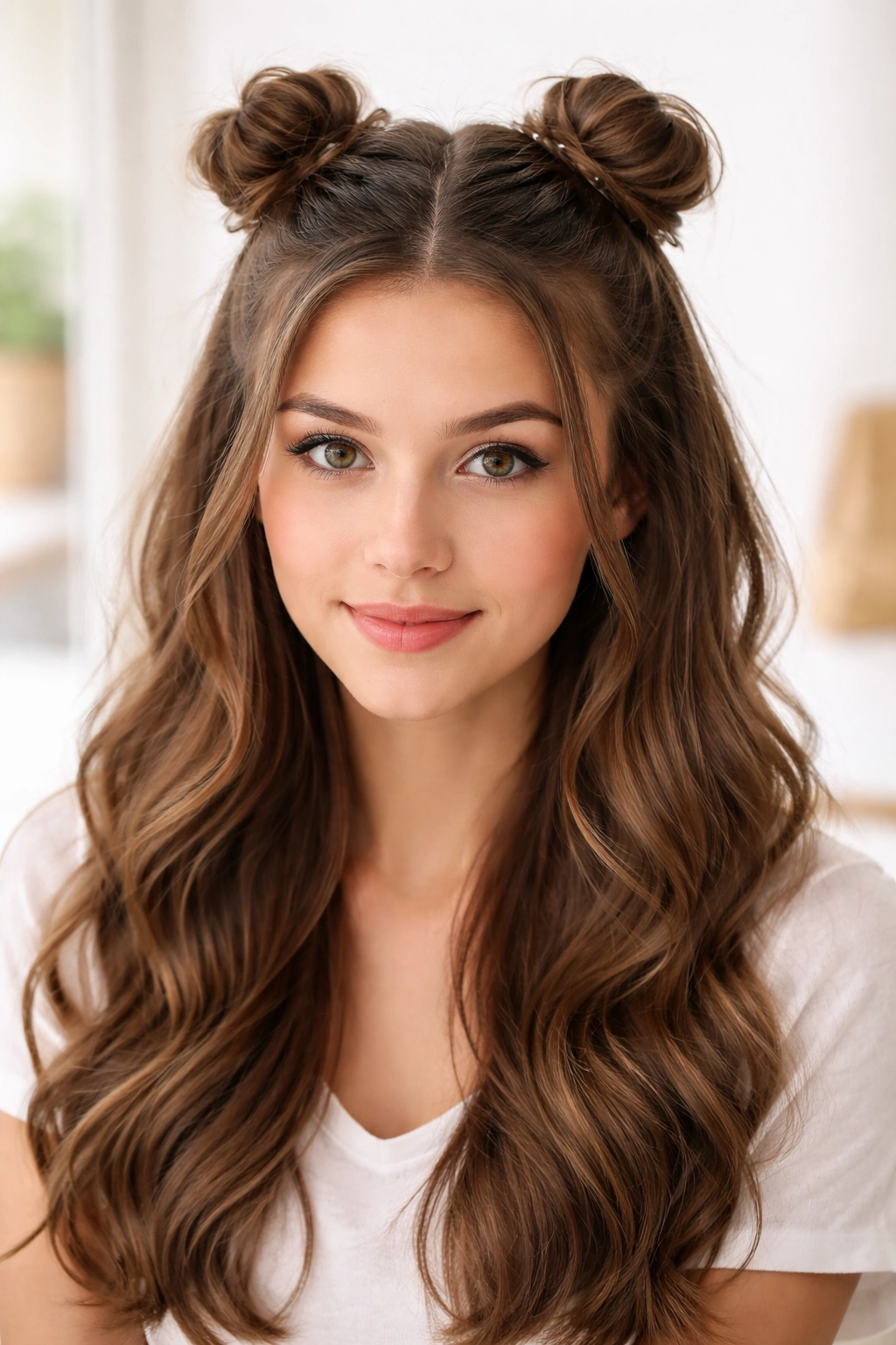 Portrait of a student with two small space buns half-up hairstyle