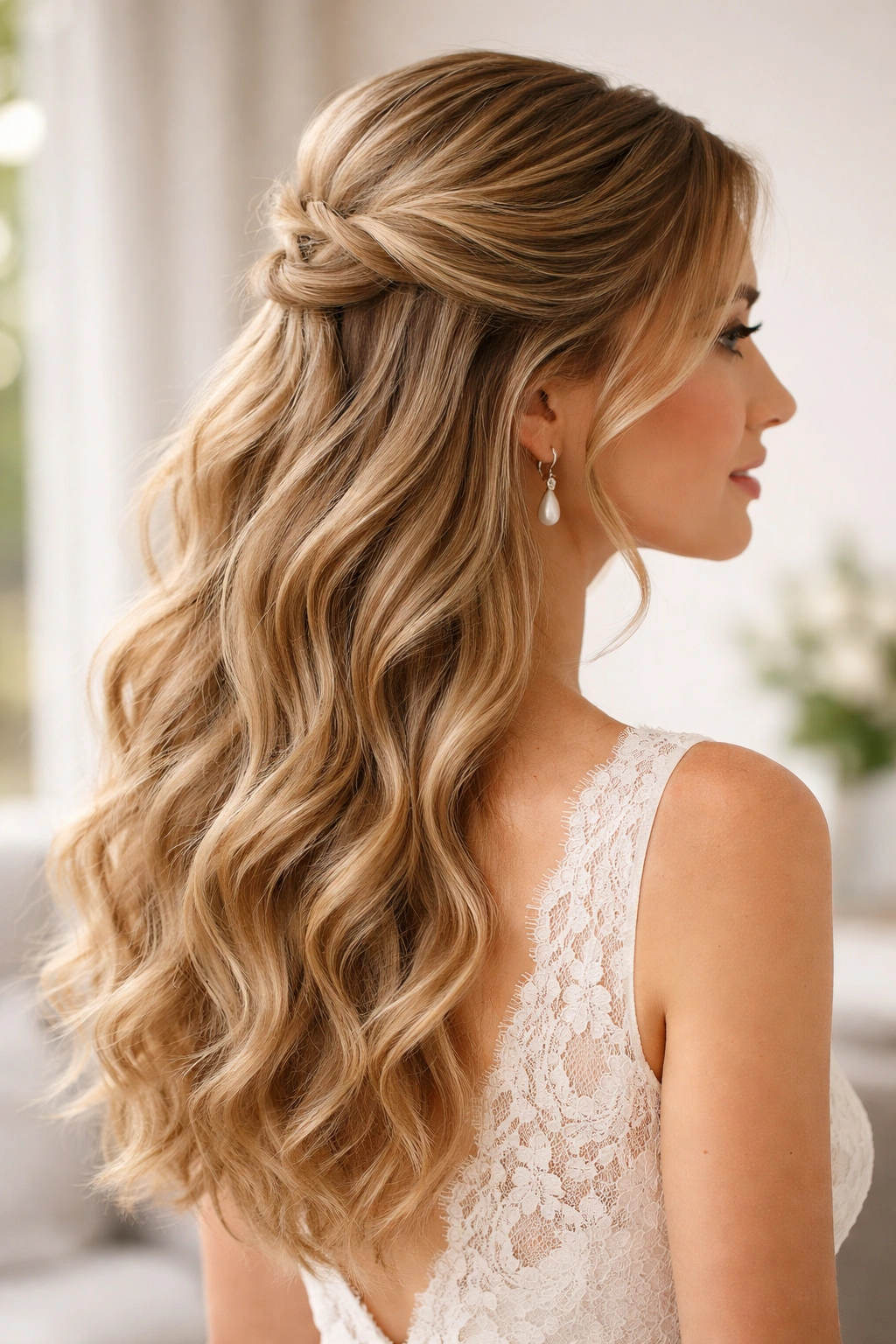 Half-up hairstyle on wavy hair with top pinned back and bottom waves