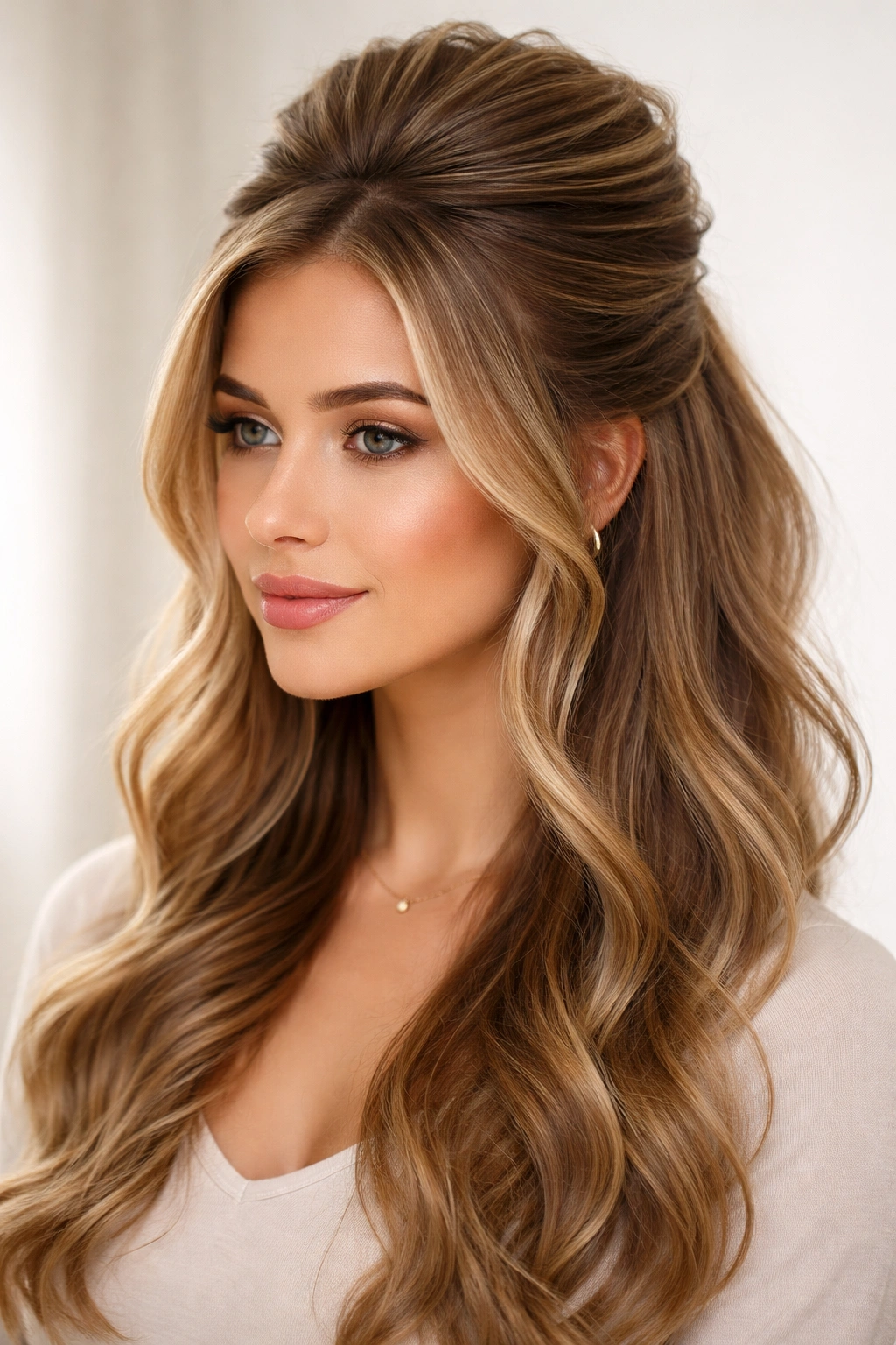 Half-up hairstyle with teased crown adding width and volume
