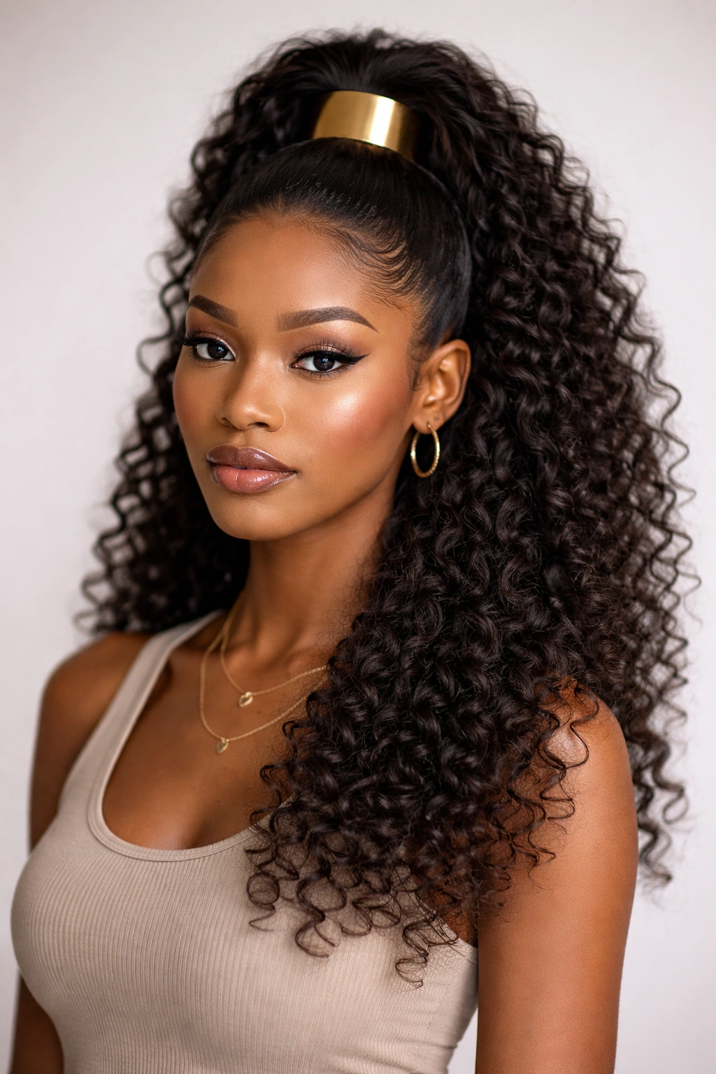 Half-up, half-down hairstyle with a decorative cuff