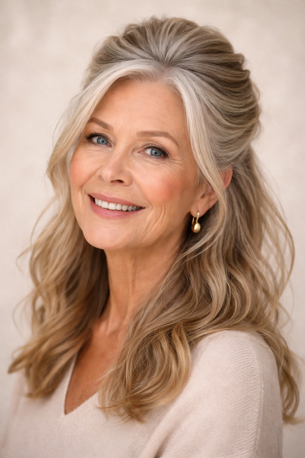 15 Hairstyles That Look Gorgeous On Women Over 70 12 Mature woman with half-up hairstyle and textured waves