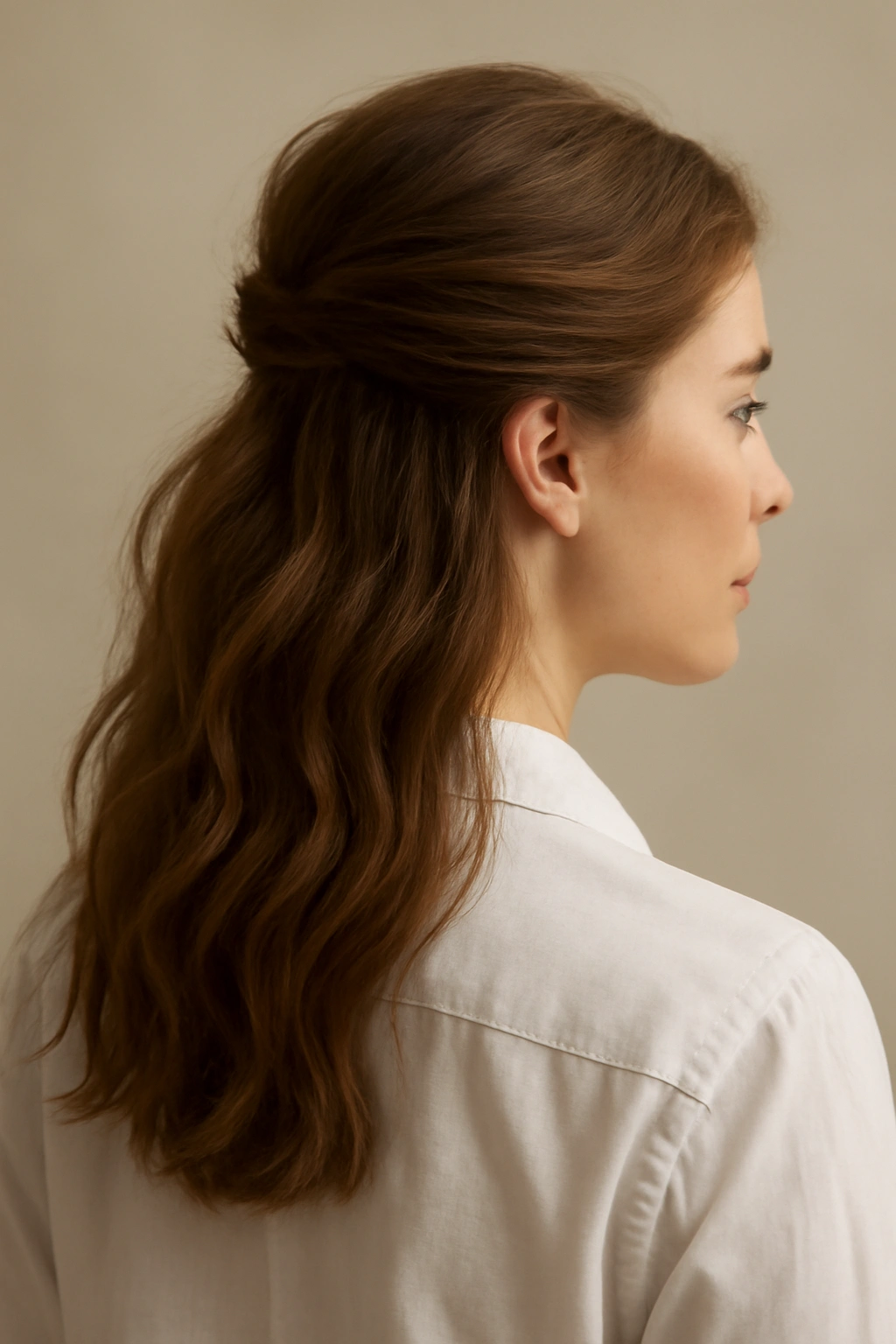 10 Hairstyles That Go With A Button Down Shirt 4 Half-up hairstyle with textured waves and secured crown