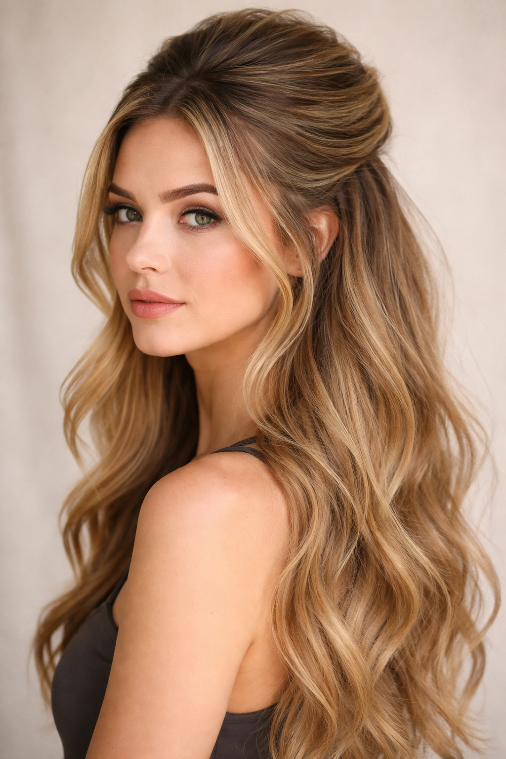 Half-up hairstyle with textured crown and flowing lower hair