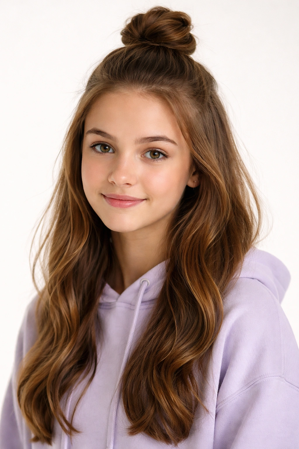 Teen wearing a half-up top knot with the rest of hair down