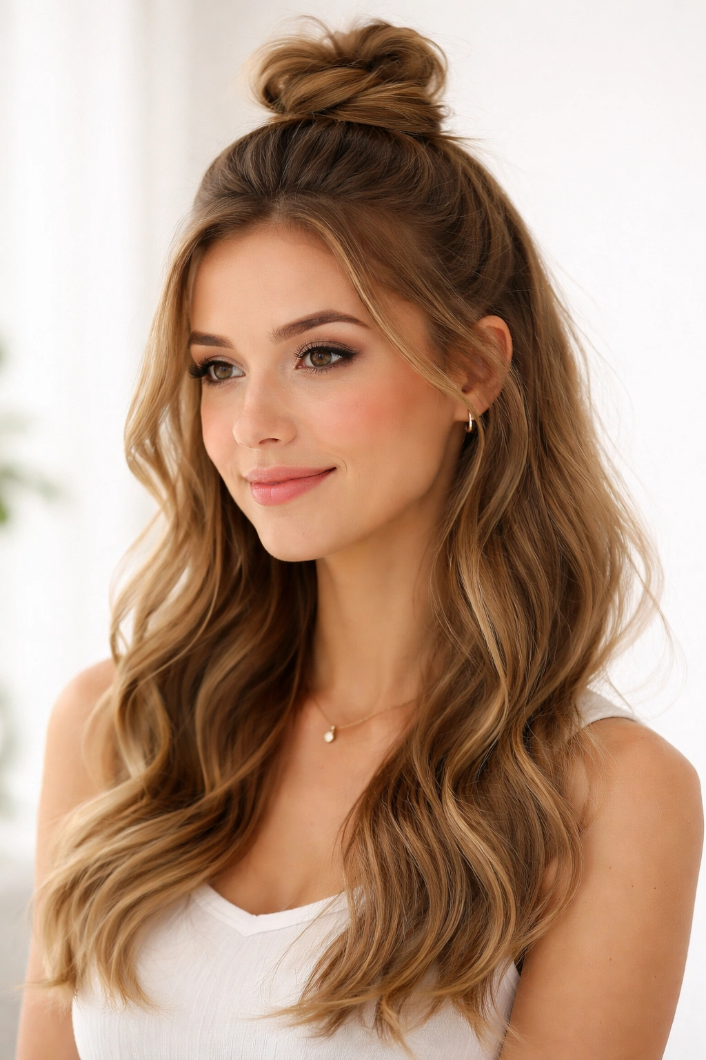Half-up top knot with lower hair flowing softly