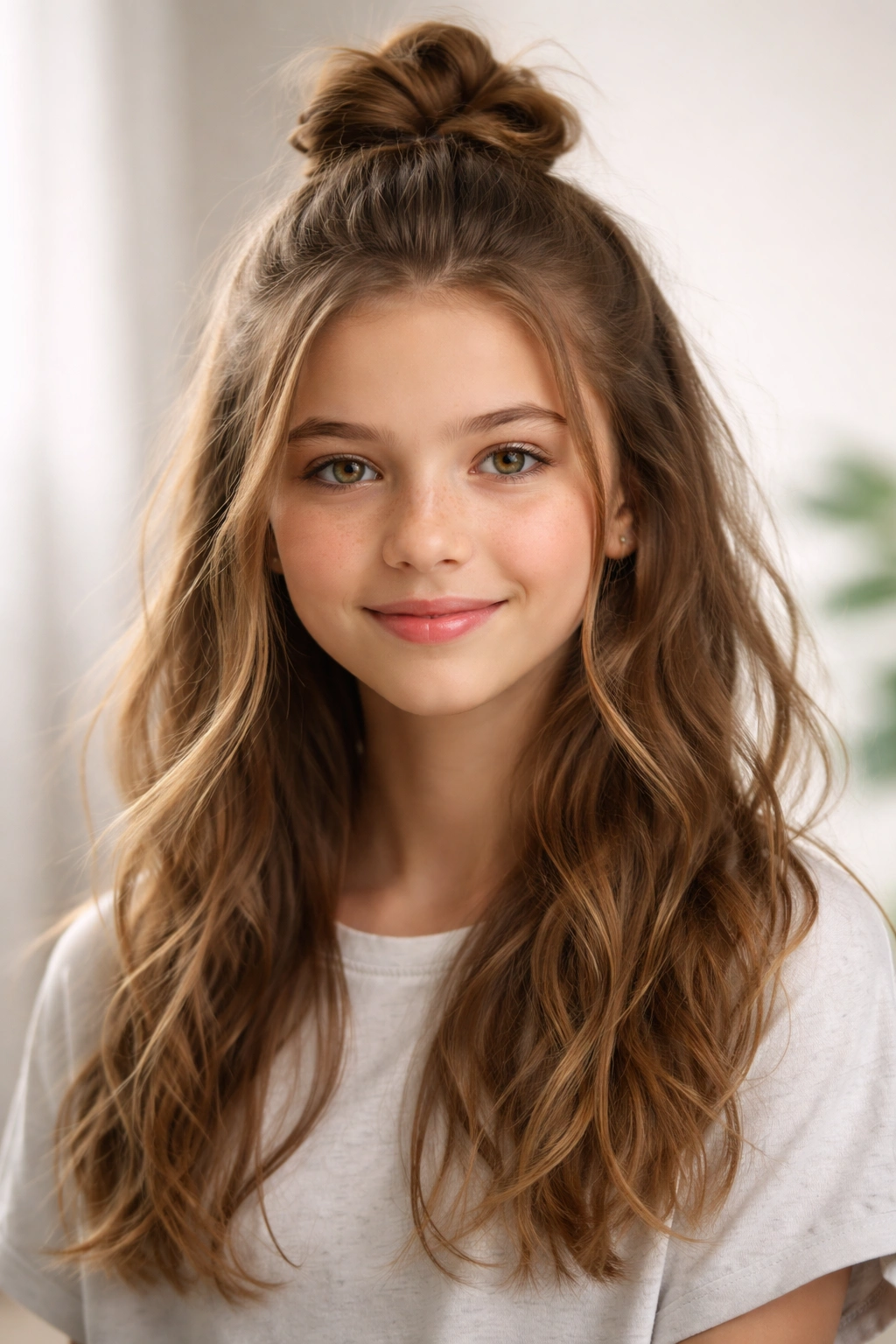 Side view of a half-up top knot with top bun and loose hair