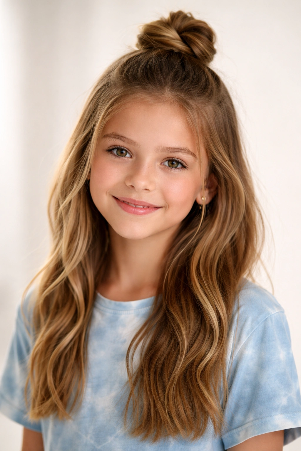 Half-up top knot on a fifth-grade hairstyle with loose lower hair