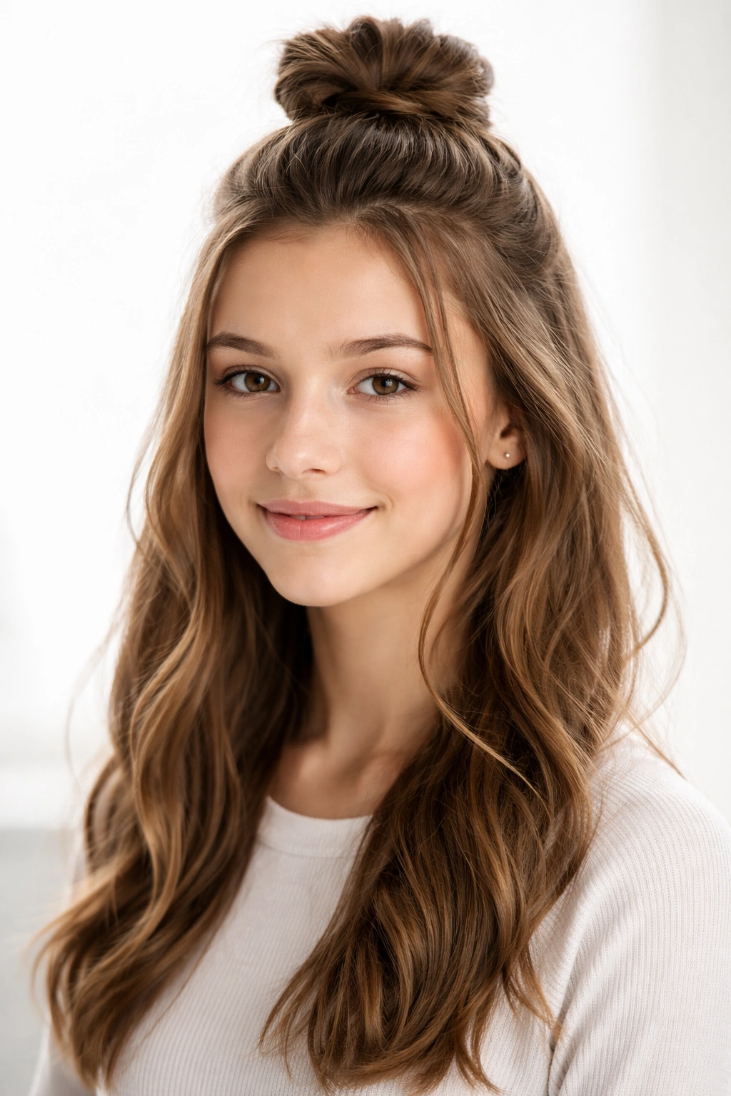 Teen girl with half-up top knot and soft face-framing pieces