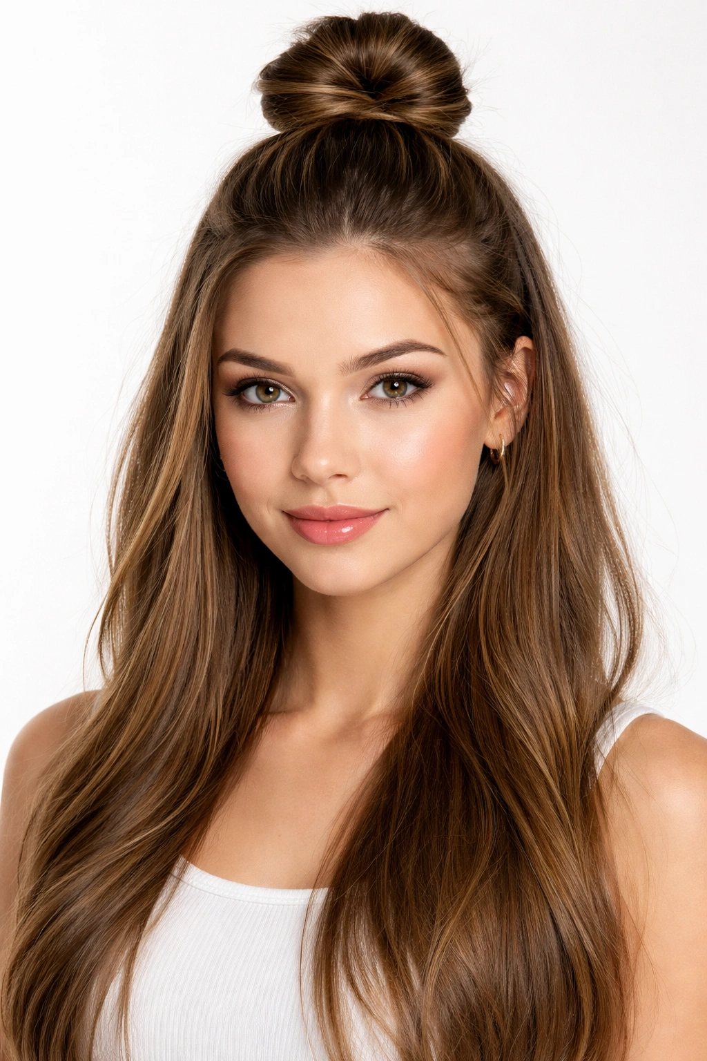 Student with half-up top knot hairstyle on crown