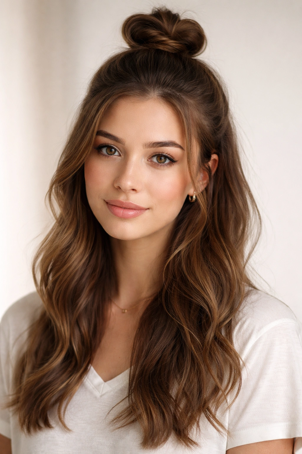 Close-up of half-up top knot with top bun and loose lower hair
