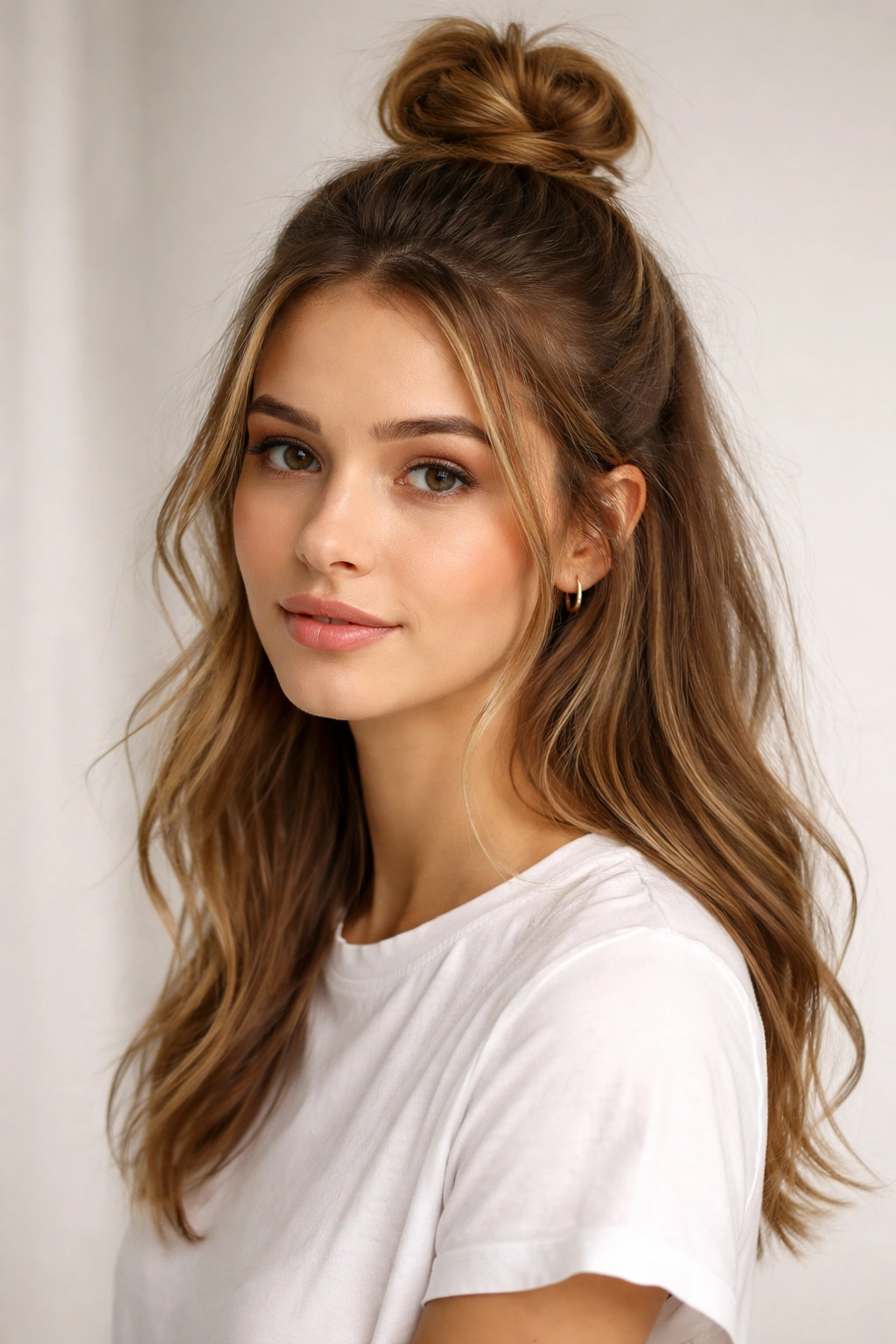 Portrait of half-up top knot with crown gathered into a small bun and loose hair.