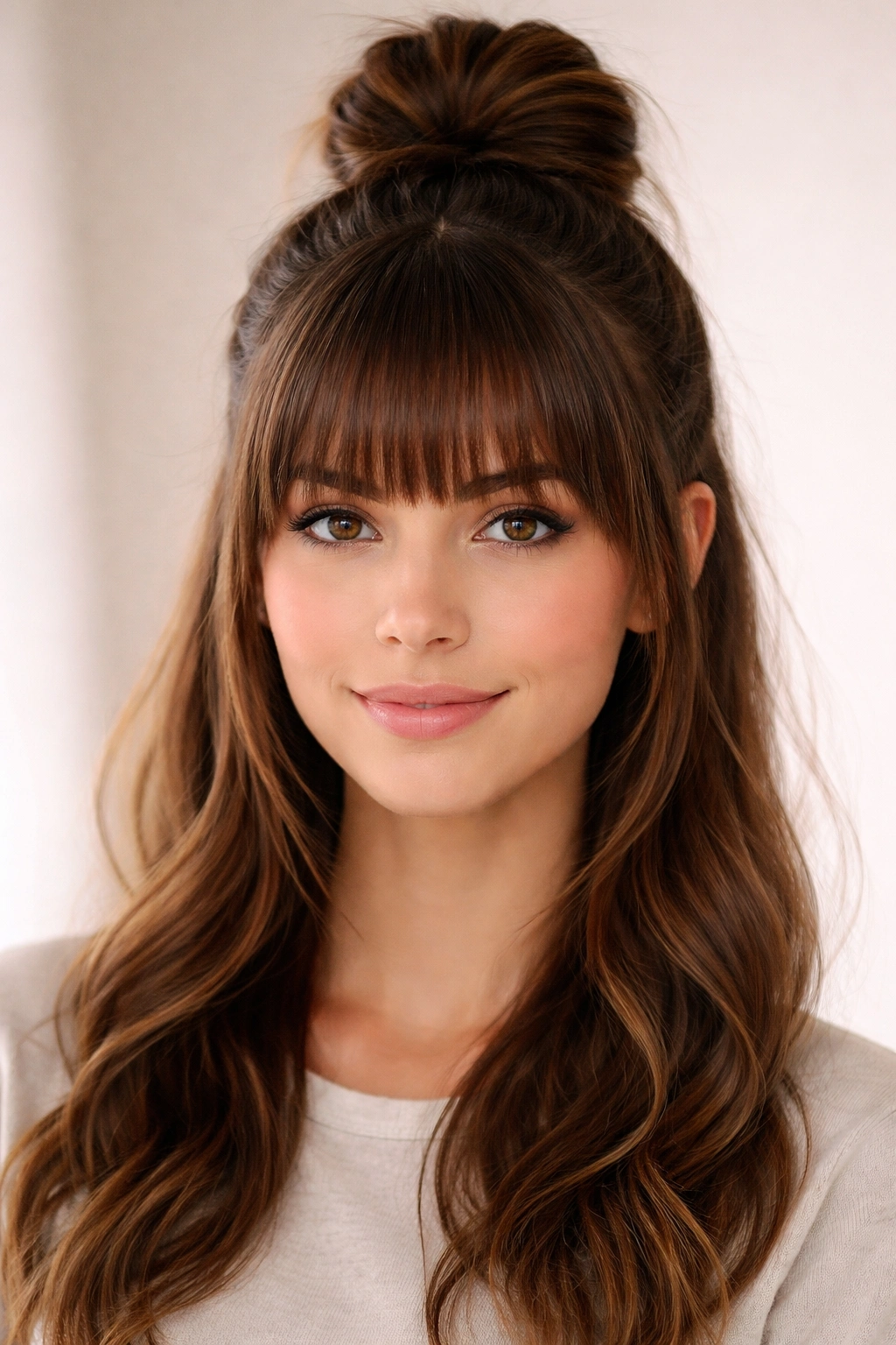 Half-up topknot showing full blunt bangs