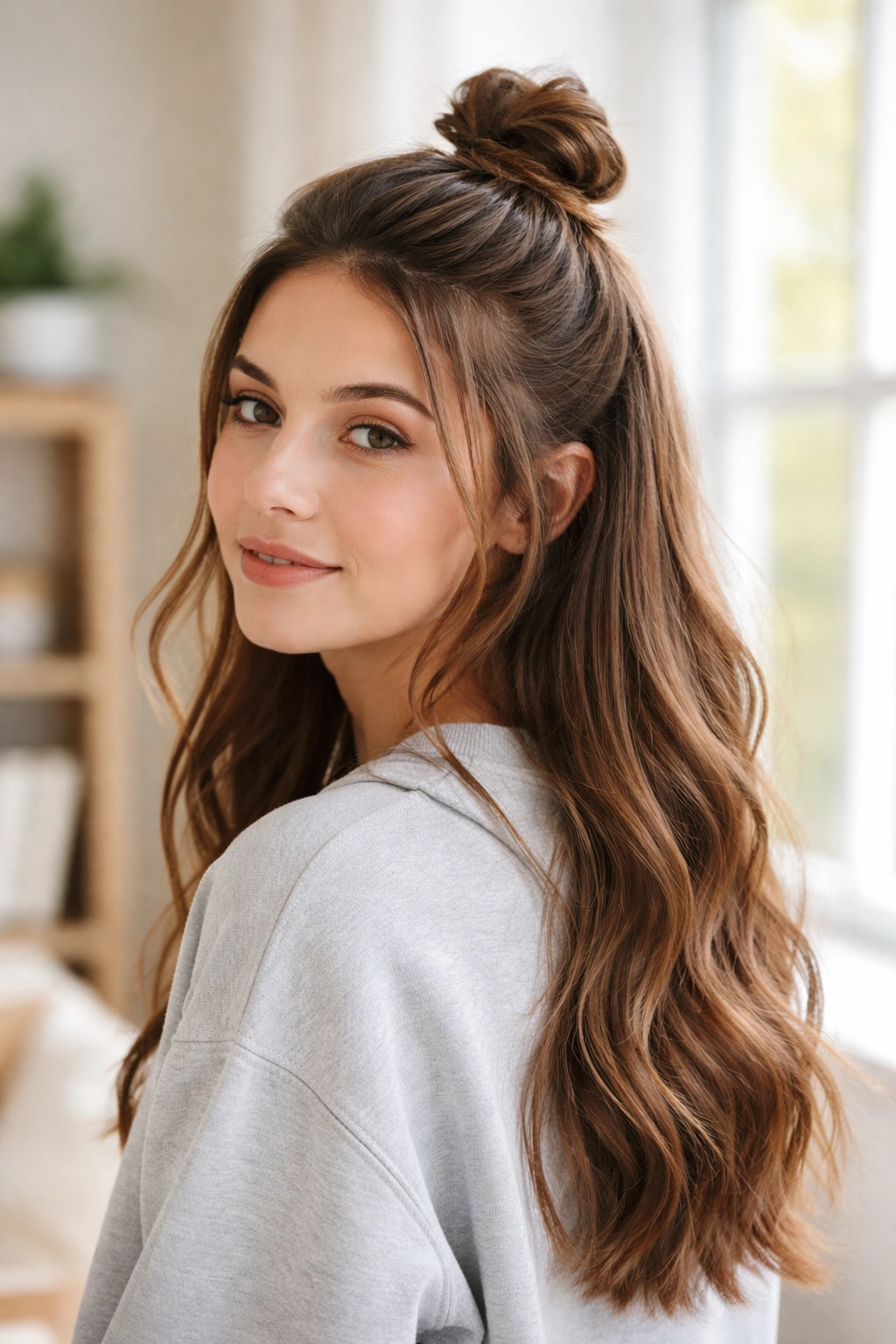 Half-Up Topknot: top section into crown knot with bottom hair loose.