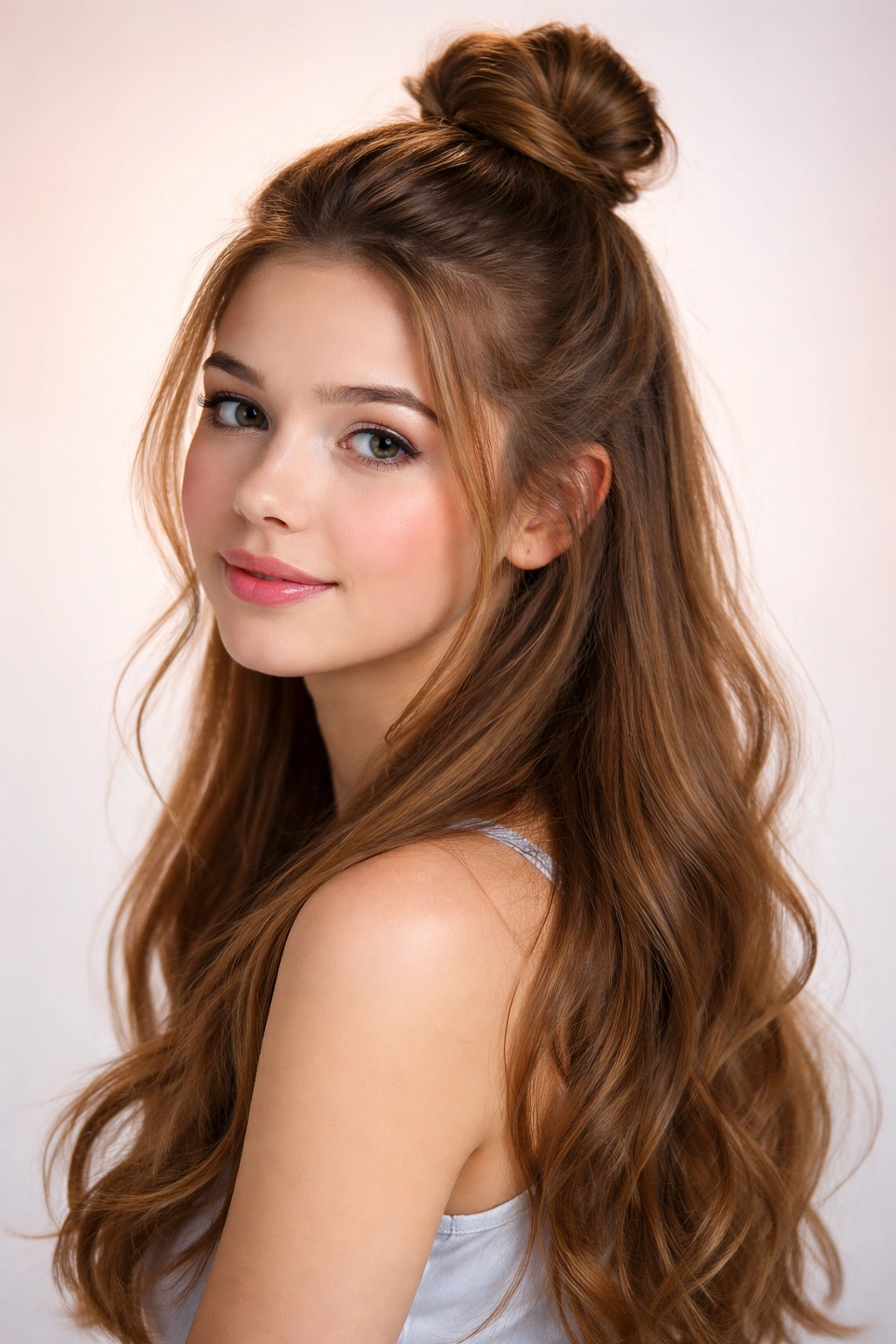 Half-Up Topknot with a compact bun and flowing hair.
