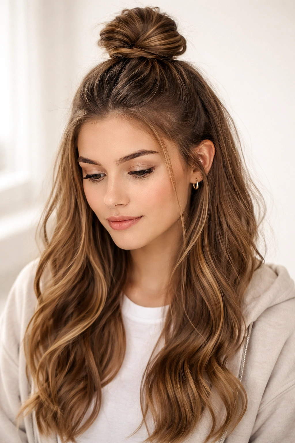 Half-up topknot with rope-twisted crown and loose waves