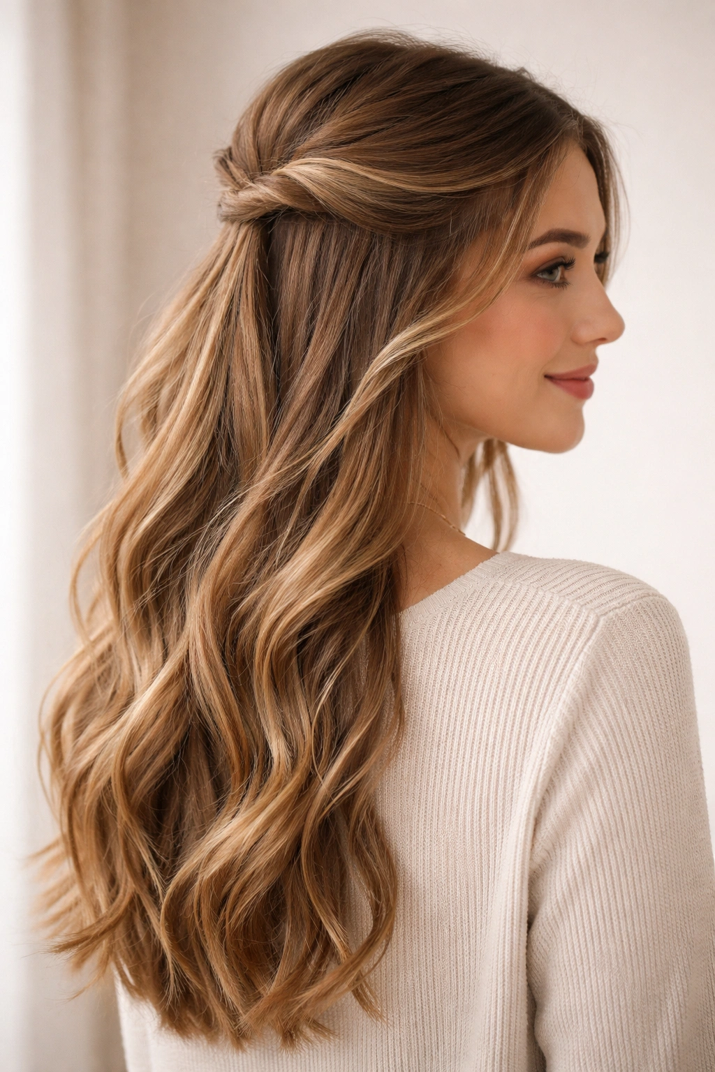 Half-up hairstyle with a twist and flowing hair