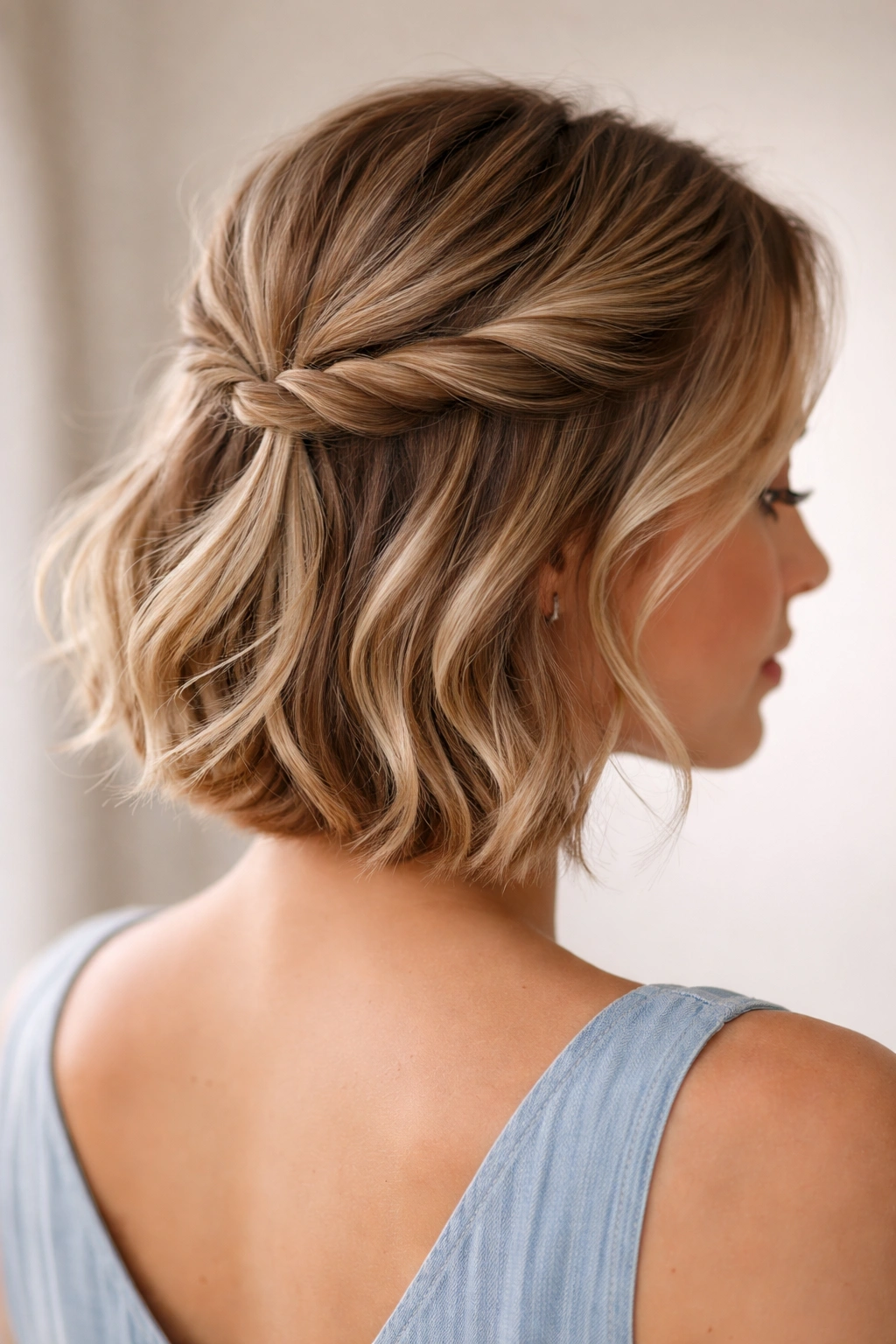 Close-up of short hair with two loose half-up twists at the temples