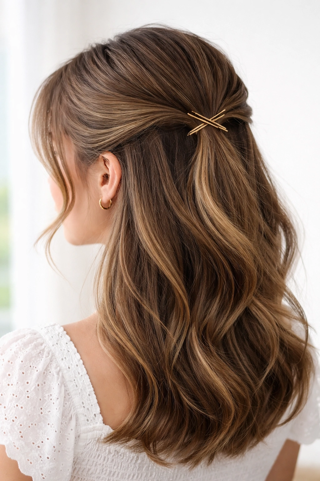 Half-up twist with bobby pins securing hair in an X on back of head