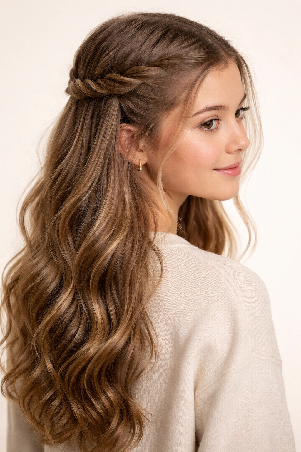 Close-up of a teen hairstyle featuring a half-up twist braid with light reflections