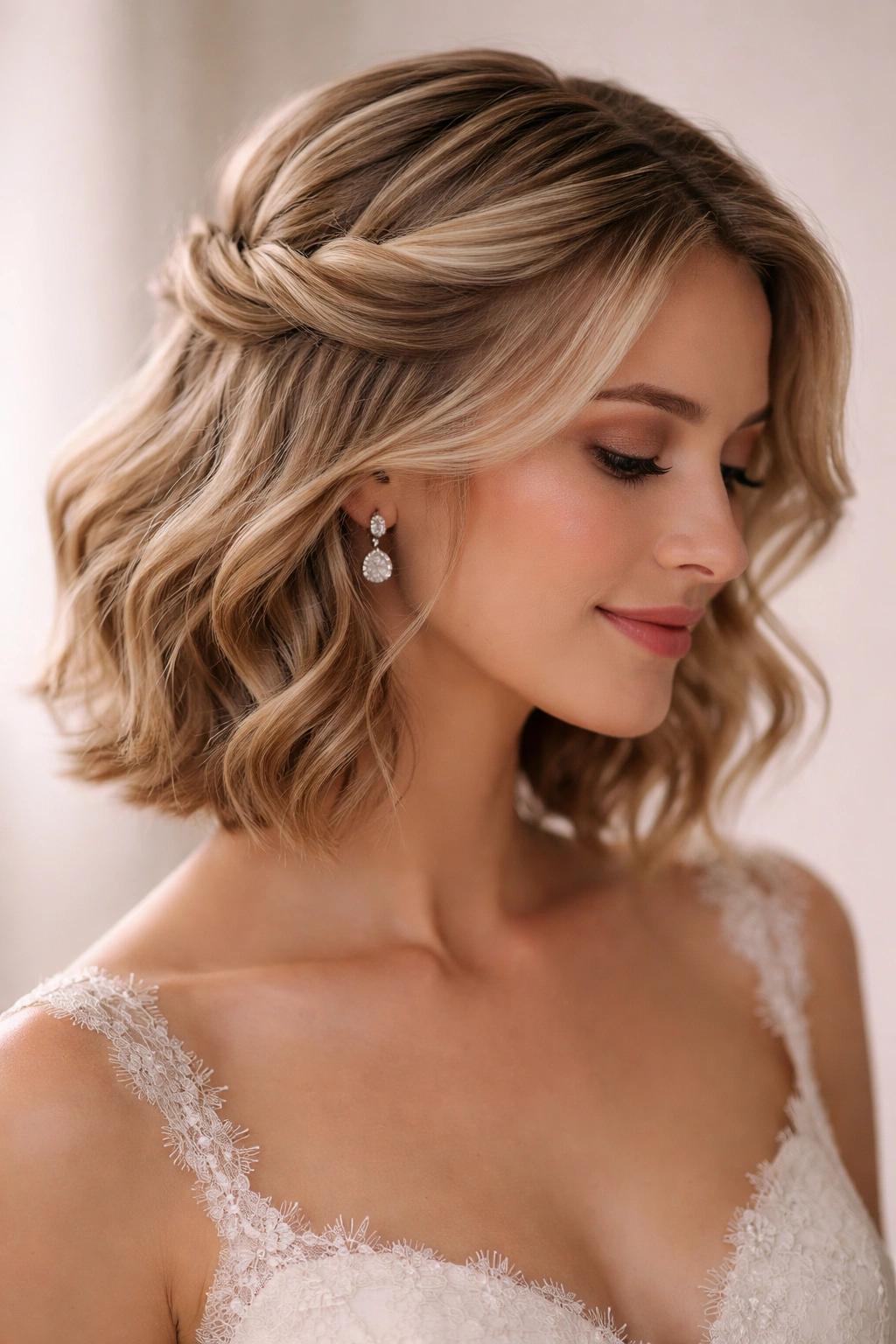 Bride with half-up twisted hairstyle showing twist and face framing