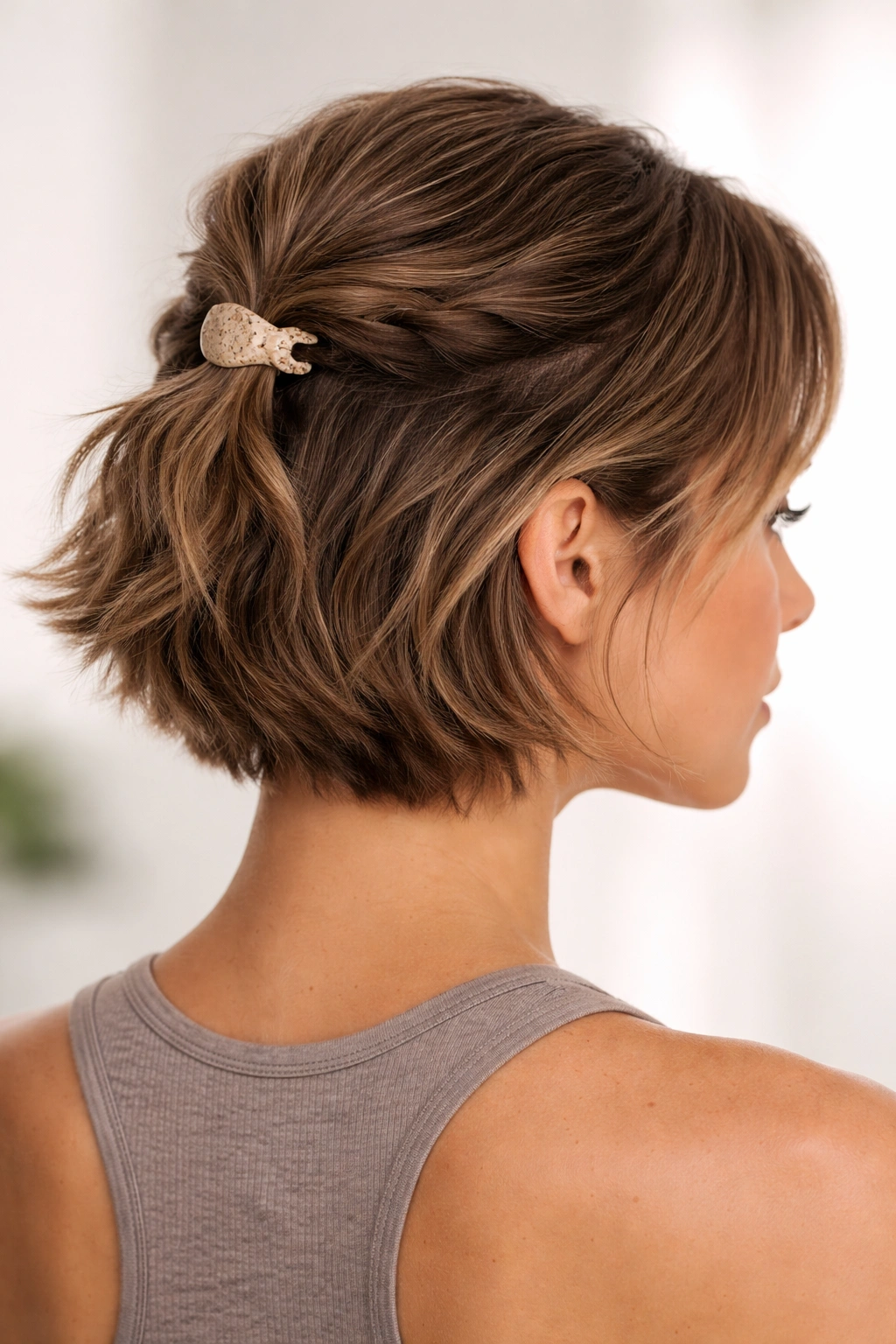 Close-up of a short half-up twist secured with a grip clip on gym-ready hair.