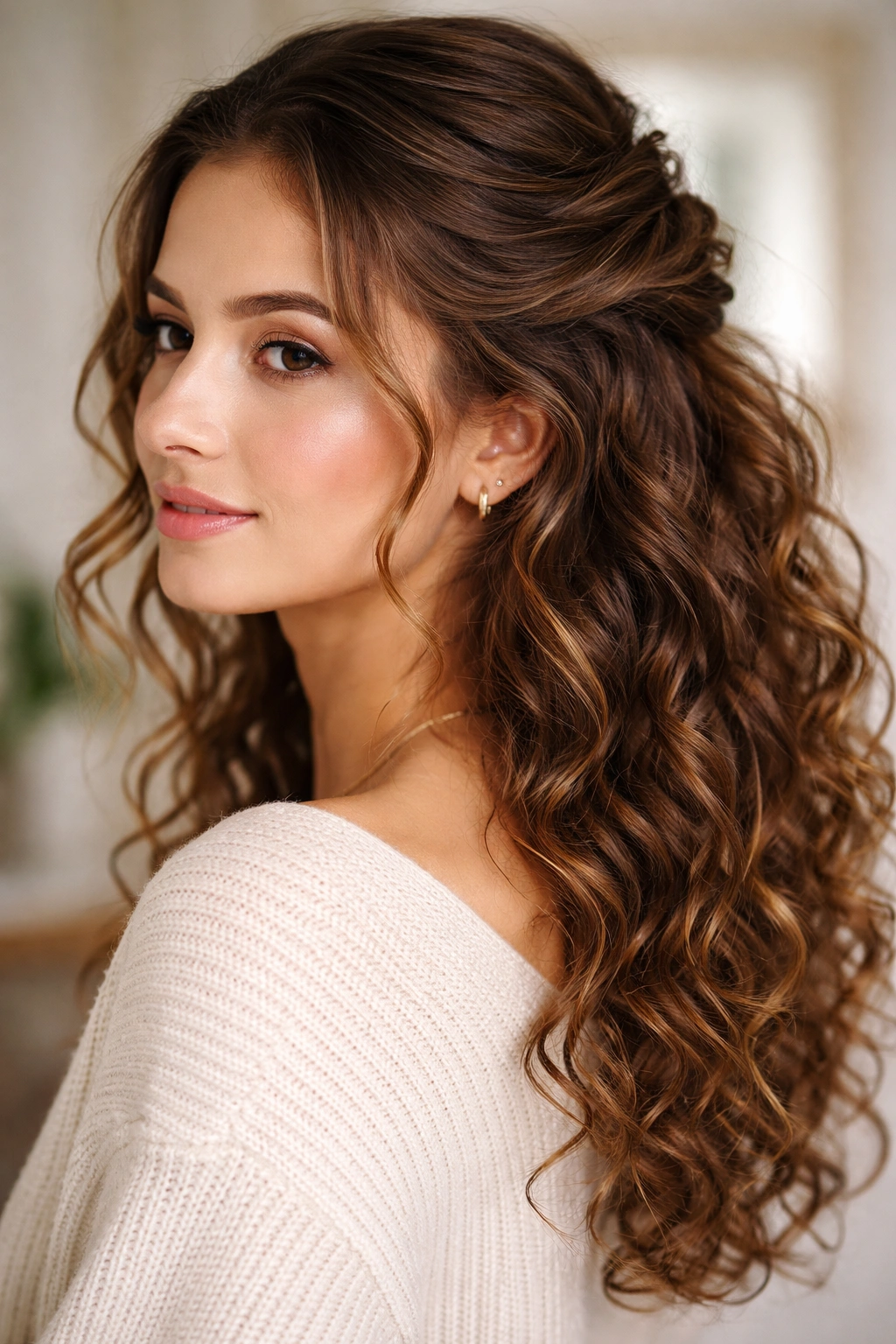 10 Easy Curly Hairstyles You Can Wear Every Day 4 Three-quarter view of half-up twist with curls cascading down