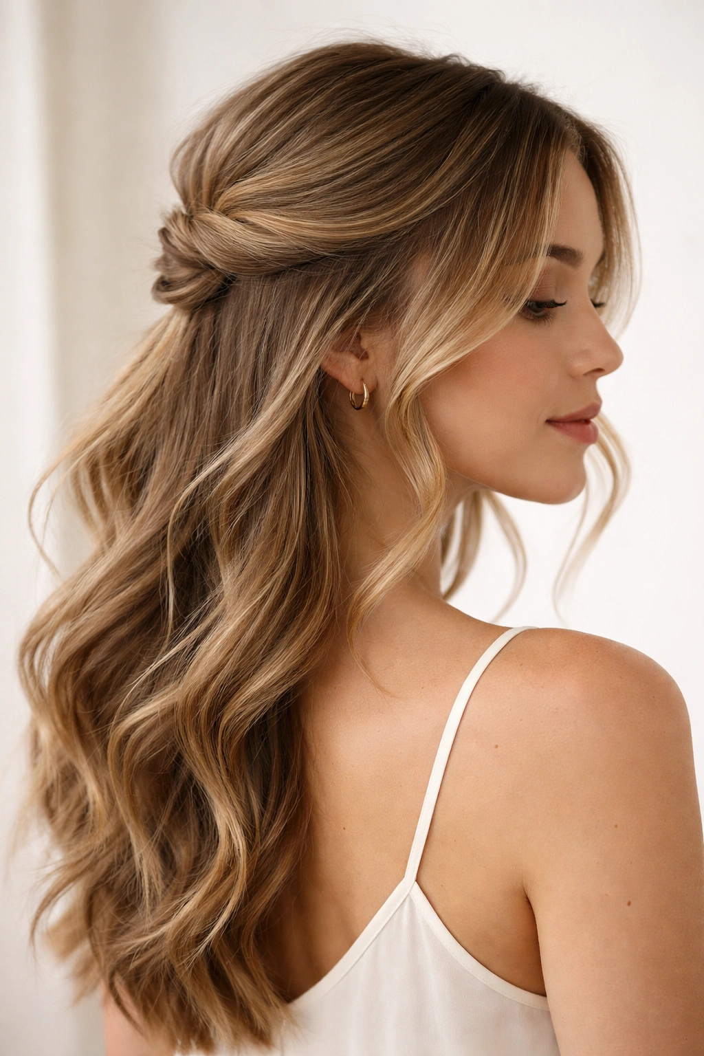 Close-up of a soft half-up twist hairstyle with face-framing strands