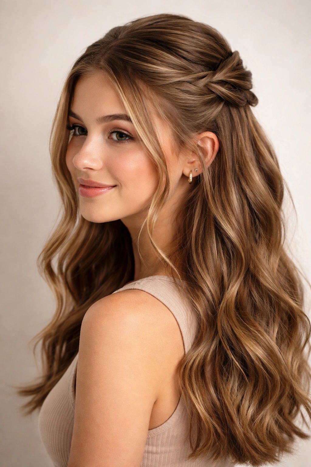 Teen with twisted front sections secured at back, half-up half-down hairstyle