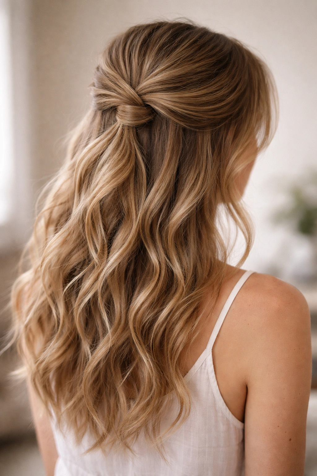 12 Fine Wavy Hair Styles That Last All Day Long 2 Half-up twist knot hairstyle on fine wavy hair with soft texture and crown lift