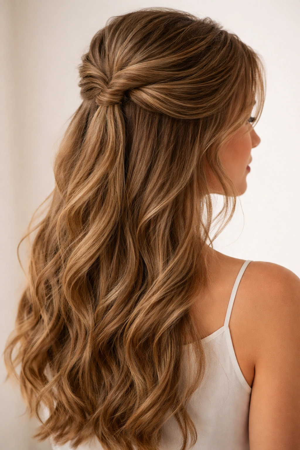 Long hair half-up twist with side twists and face-framing strands