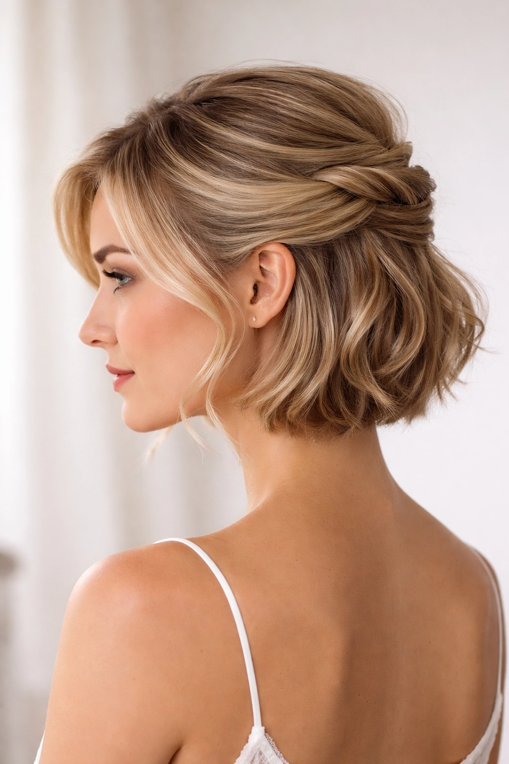 Side-angle view of a short hair half-up twist with face-framing pieces