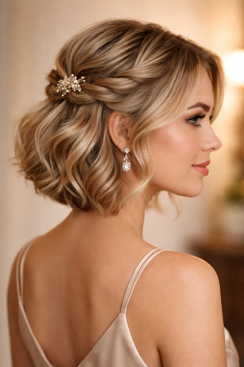 Three-quarter view of half-up twisted hairstyle on short hair with decorative clip.