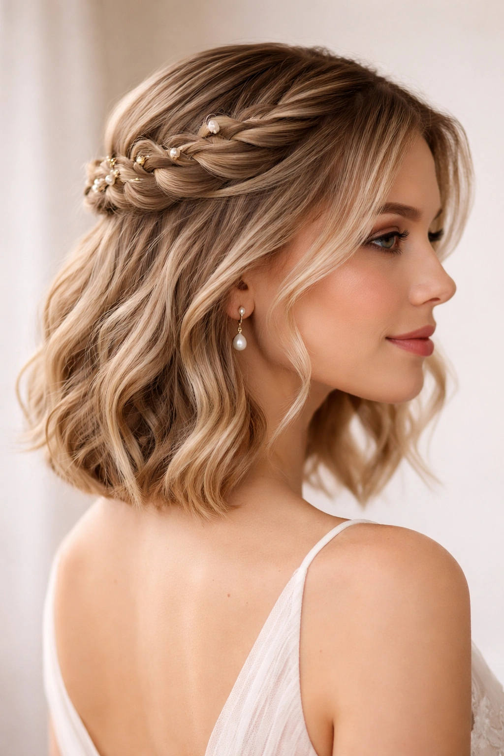 Half-up twisted crown hairstyle on short hair