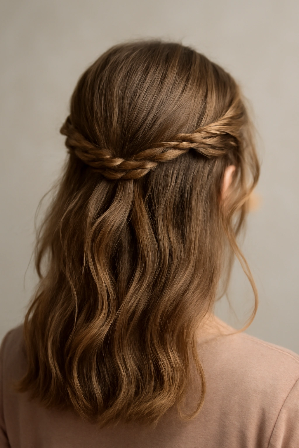 Back view of half-up twisted crown hairstyle