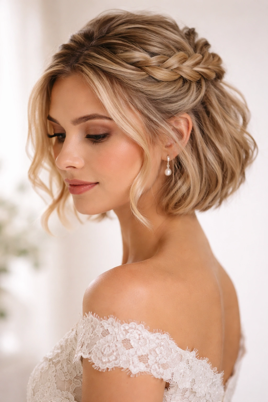 Three-quarter view of a half-up twisted crown hairstyle on short hair