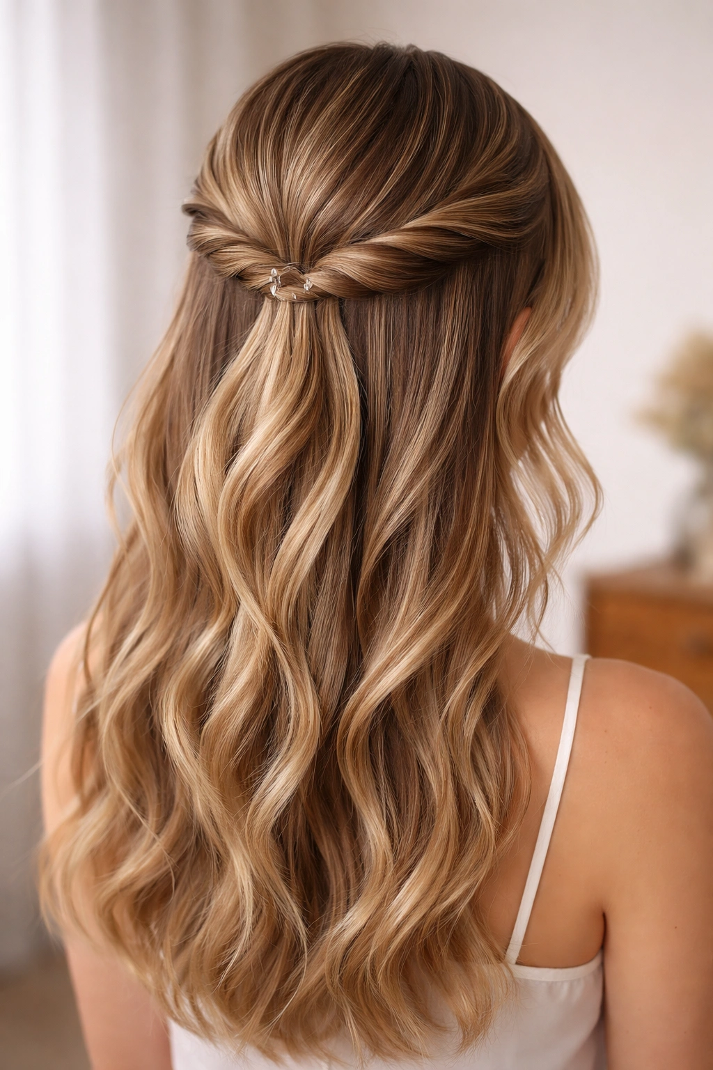Close-up of half-up twisted crown hairstyle with twists and decorative pin