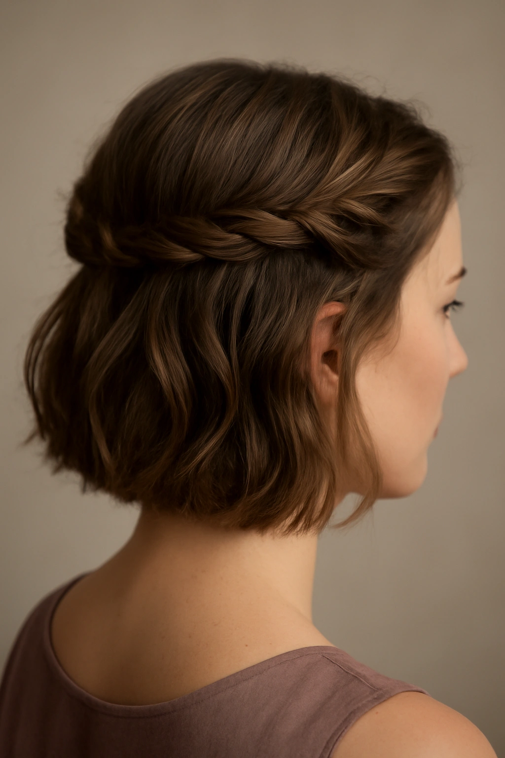 12 Bridesmaid Hairstyles That Flatter Short Hair 6 Back and side view of short hair in a half-up twisted crown.