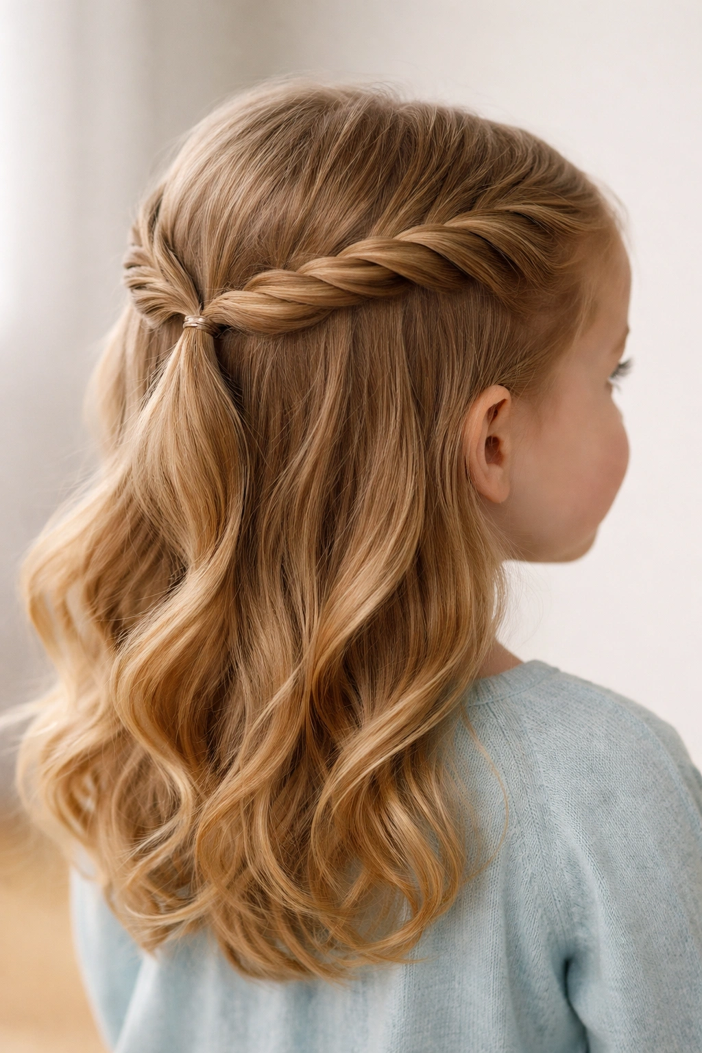 Half-up twisted crown hairstyle on toddler