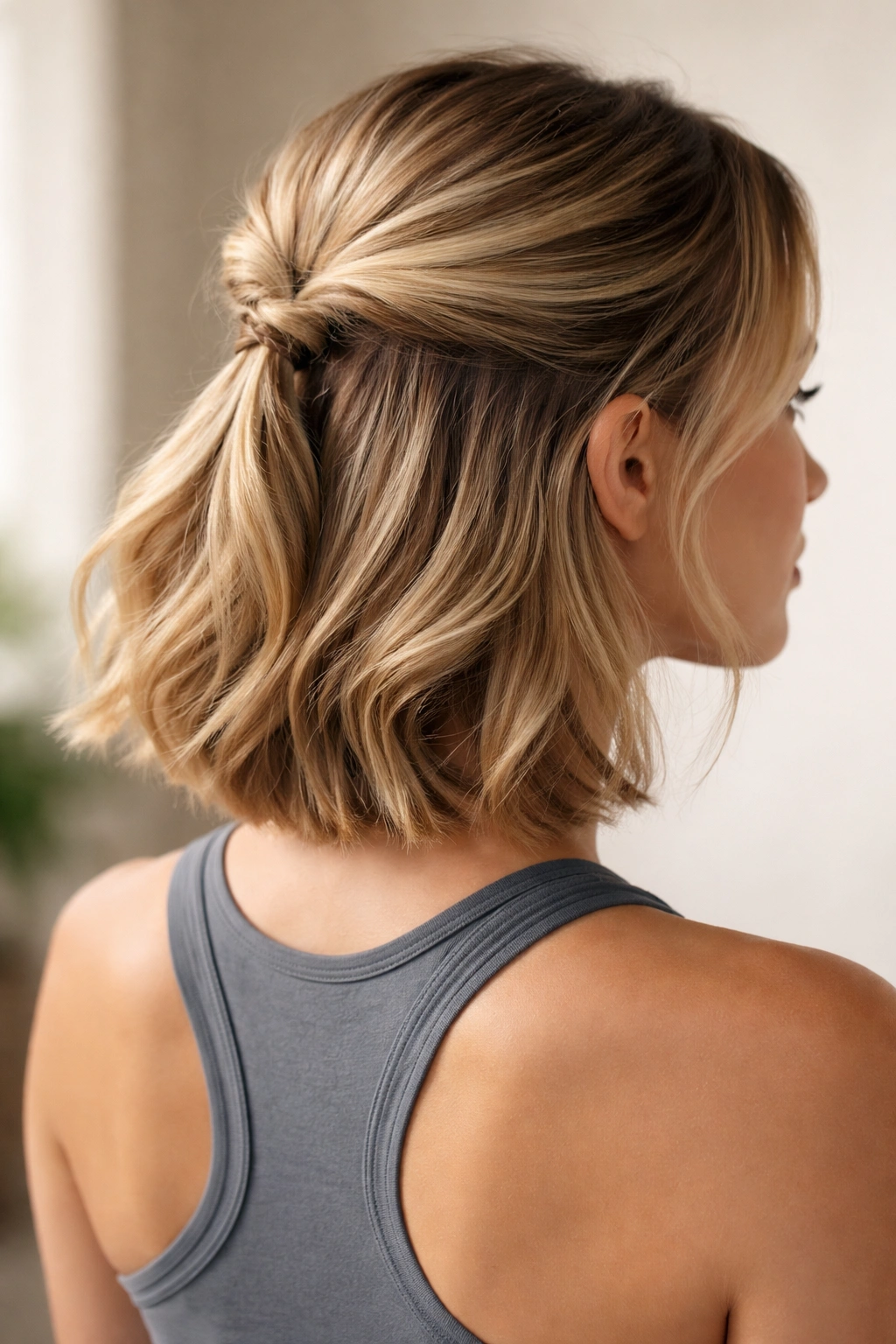 10 Gym Hairstyles For Short Hair That Stay Put 3 Half-up twisted style showing crown twist and flowing bottom