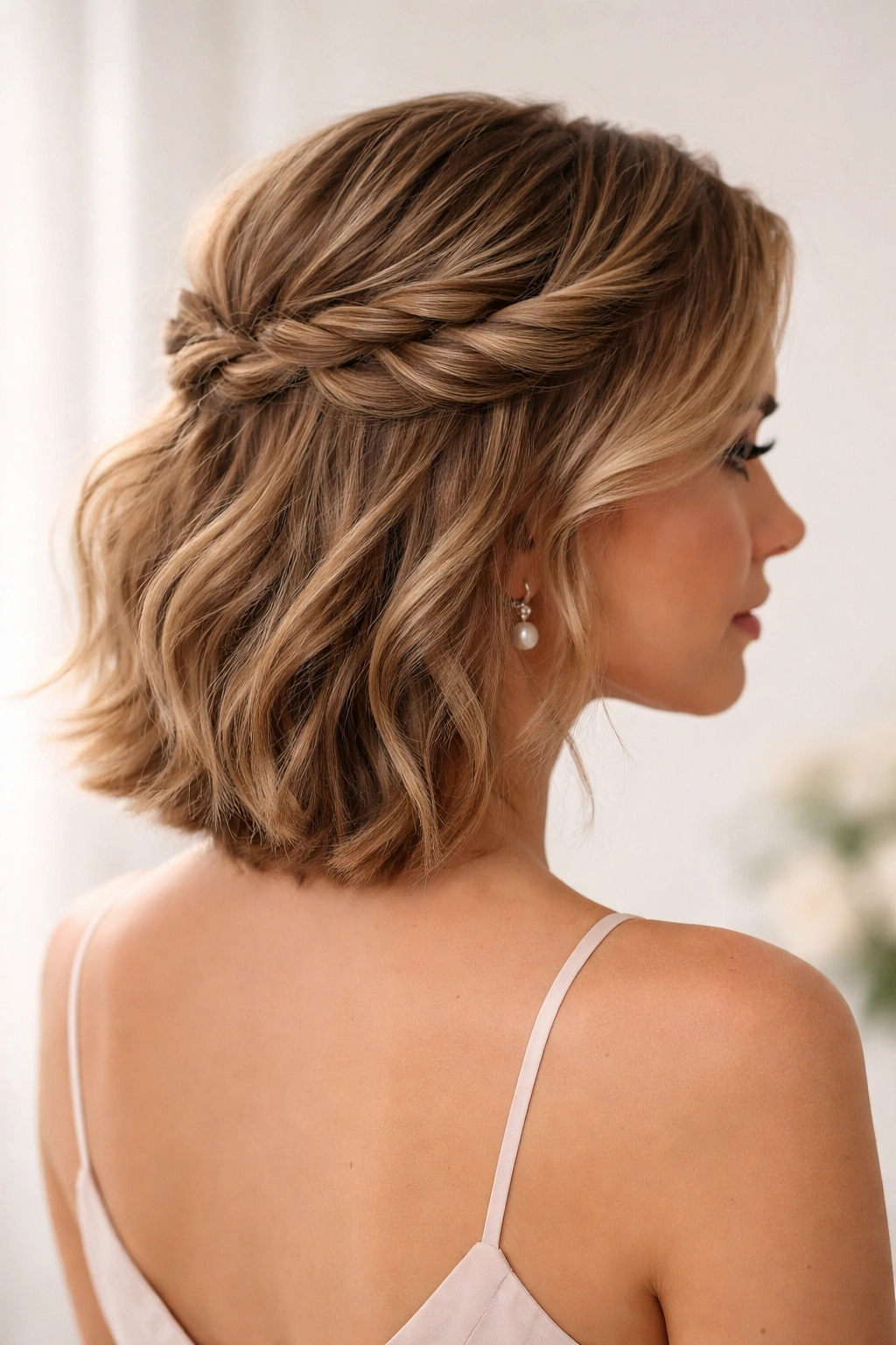Half-up half-down twisted hairstyle on short hair