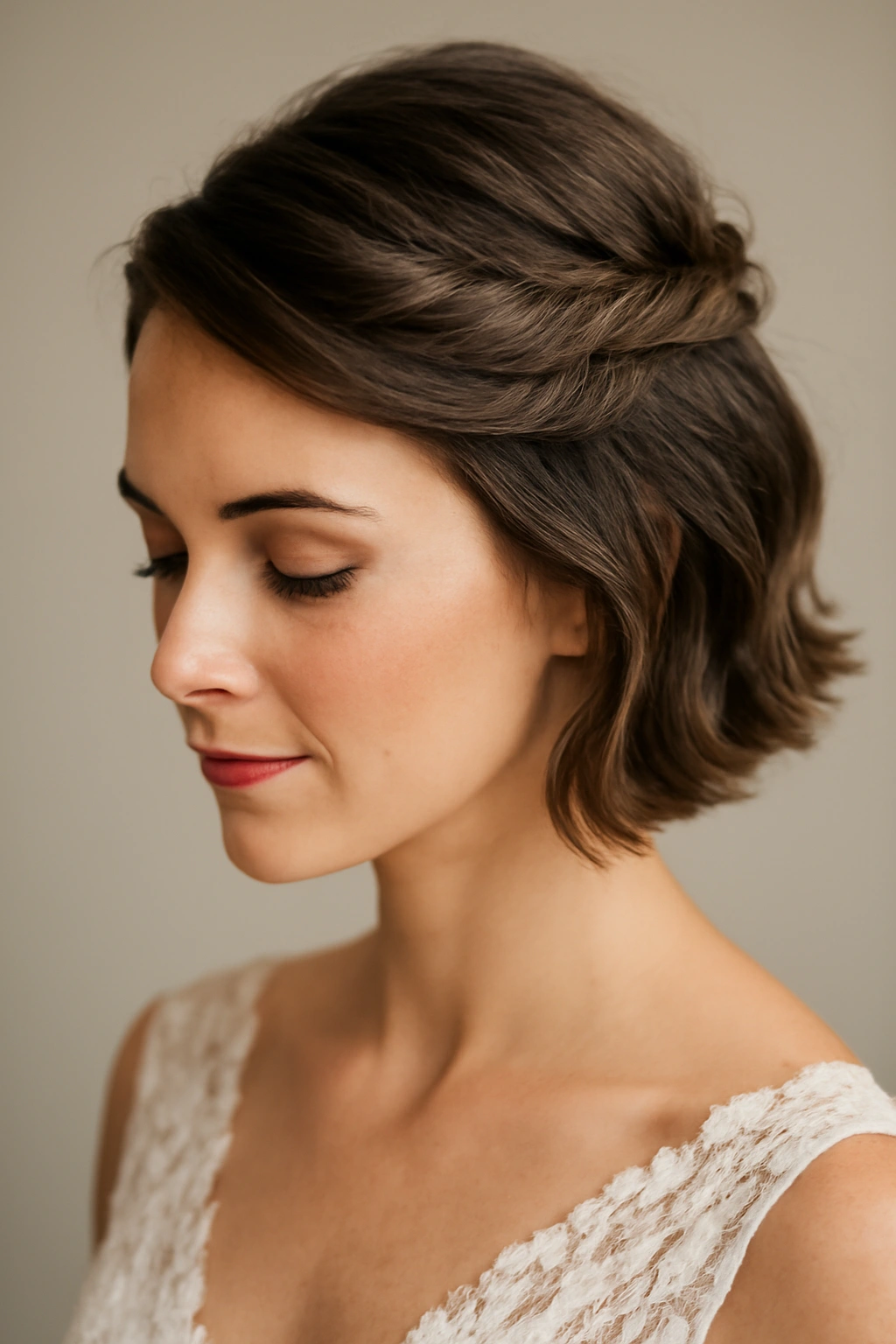 15 Wedding Hairstyles That Suit Short-Haired Brides 8 Bride with half-up twisted hairstyle on short hair