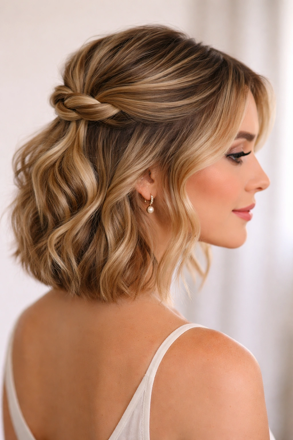 Half-up half-down hairstyle with twisted knot on short hair